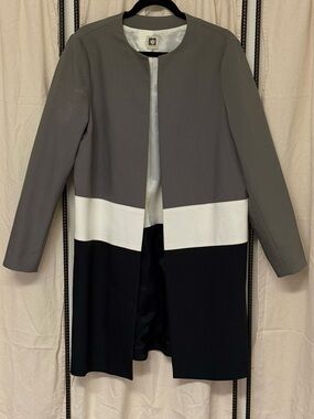 Anne Klein Colorblock Longline Jacket Coat - Gray, White & Black MSRP $228
